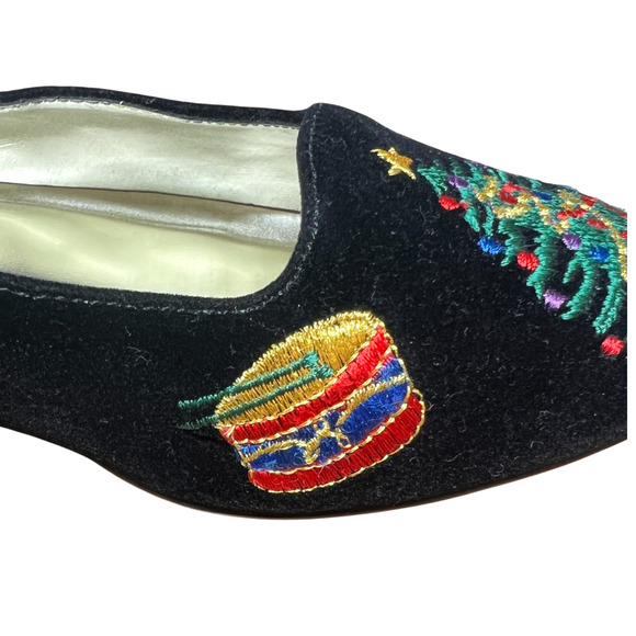 Vtg DONNA LAWRENCE Toya Women 7M Black Velvet Christmas Slip On Shoes XMAS Flats - Picture 10 of 16